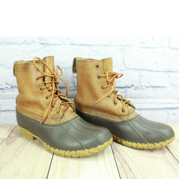 LL Bean Brown Leather Lace Up Round Toe Unlined Ankle Duck Boots Size 9 M - Picture 3 of 9